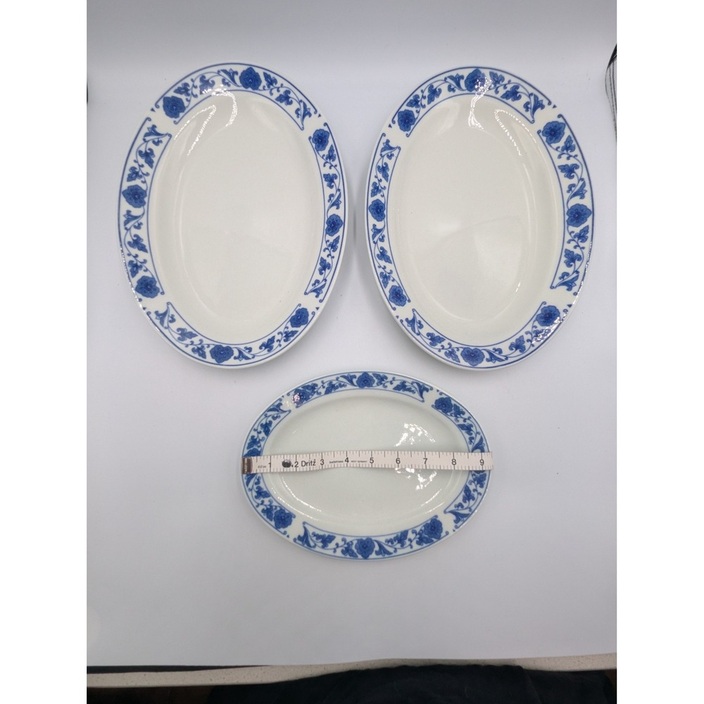Vintage Chinese Porcelain Oval Platters Blue White Floral Serving Set of 3